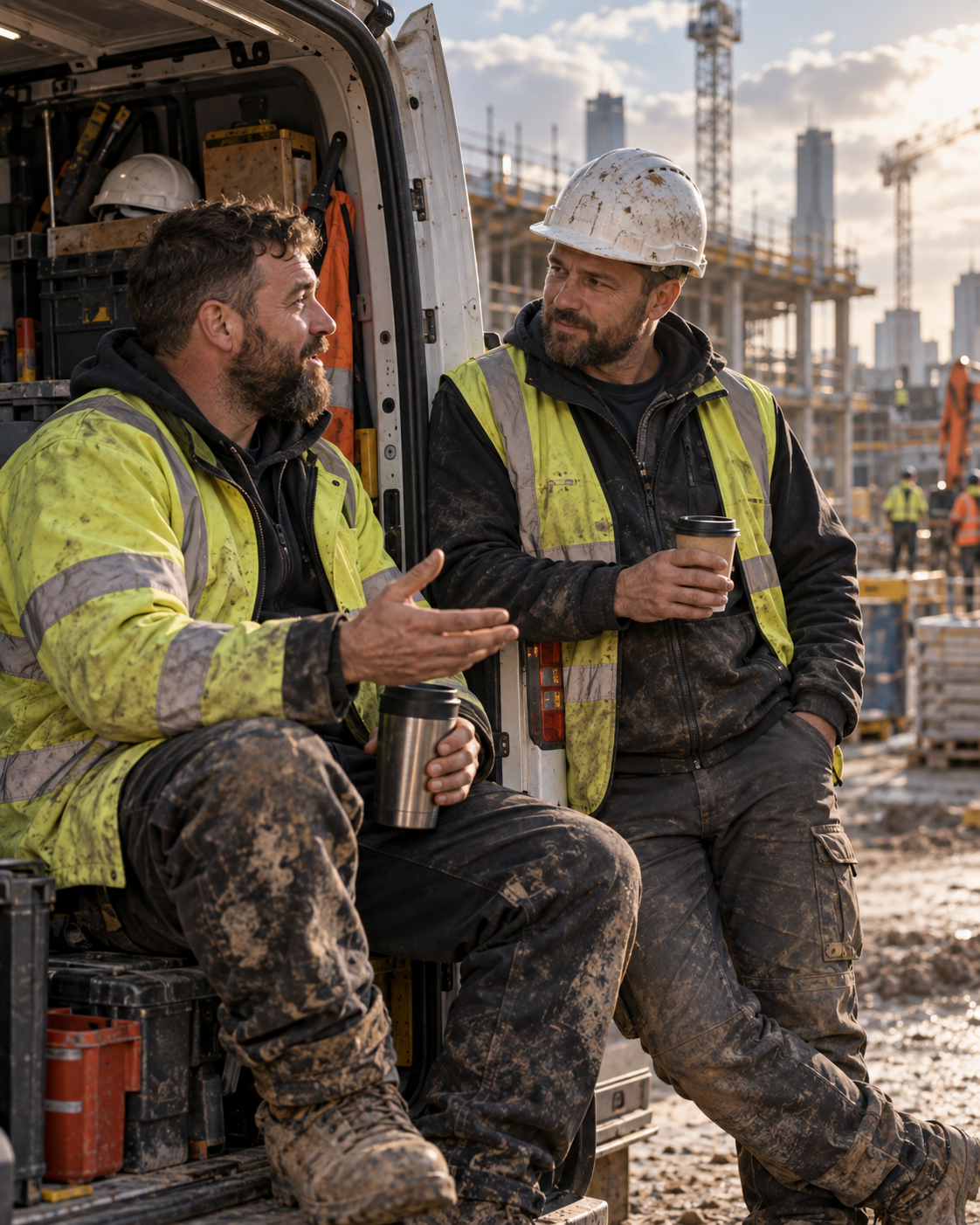 Two construction workers talking beside a van on site