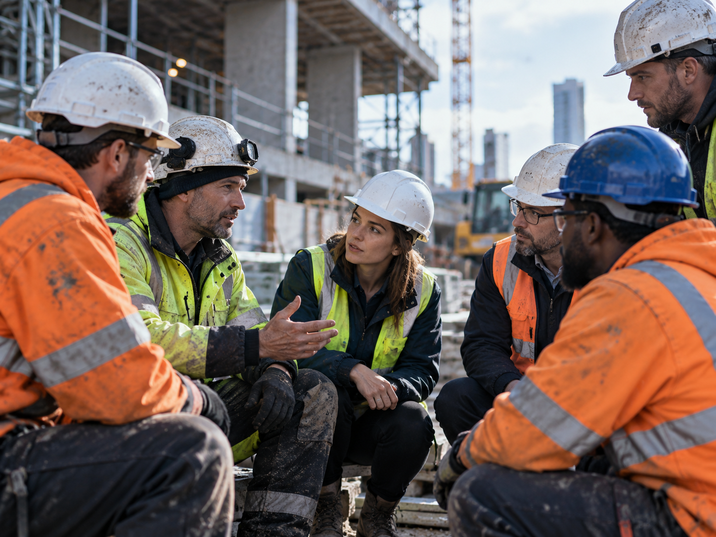 Construction workers and site leadership gathered for a toolbox talk