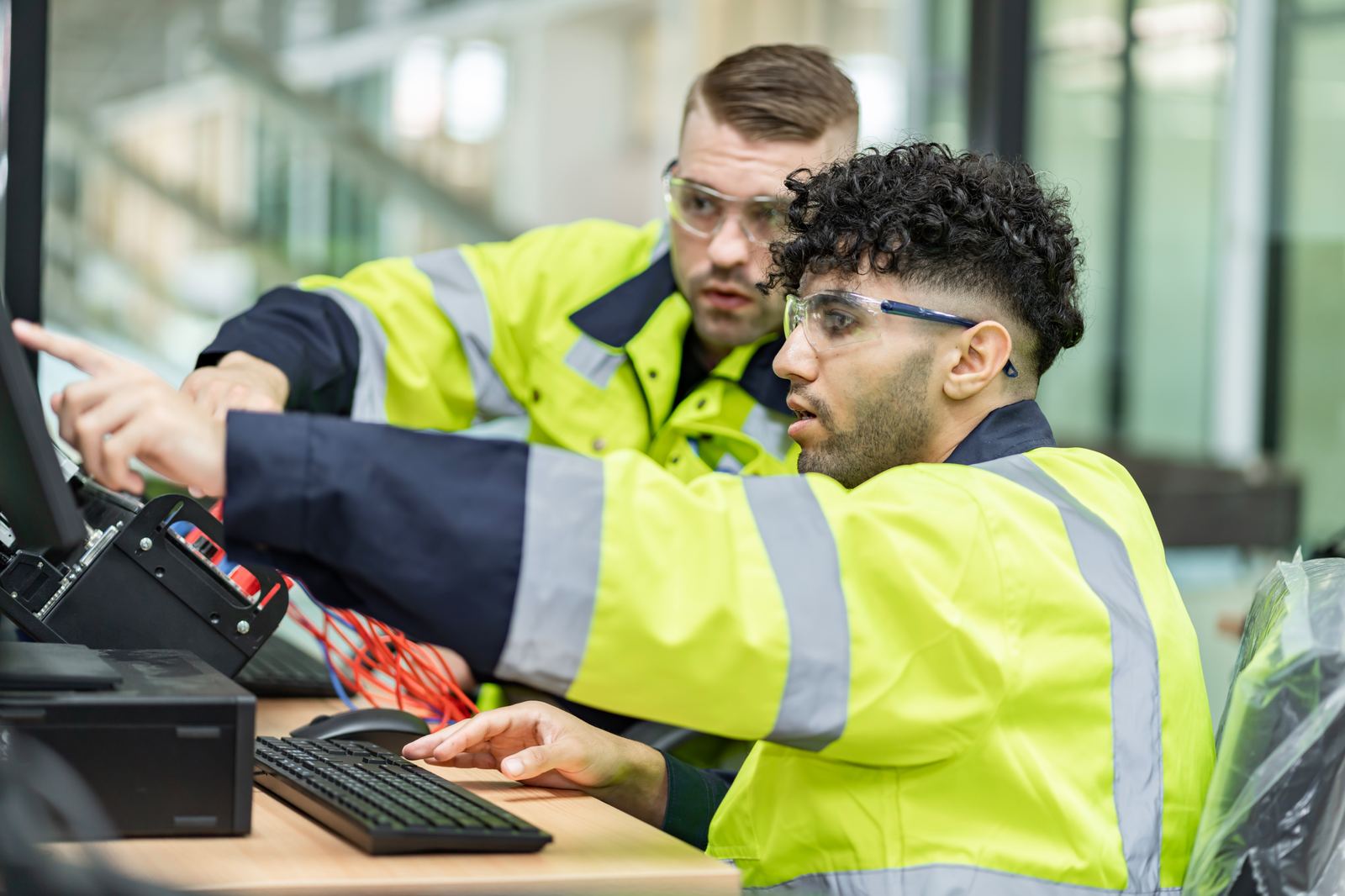 Two workers wiring and pointing at a computer monitor displaying diagnostic cabling, representing the data layer behind SPEAK's measurement and reporting