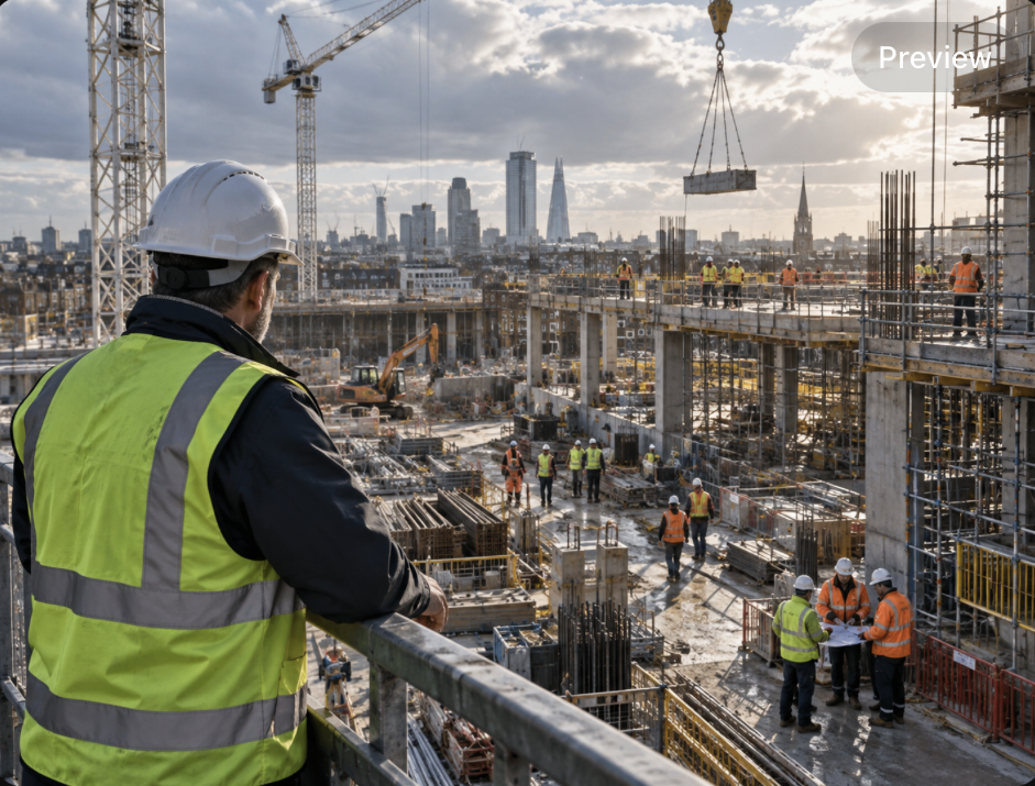 Site leader overlooking a large construction site with cranes