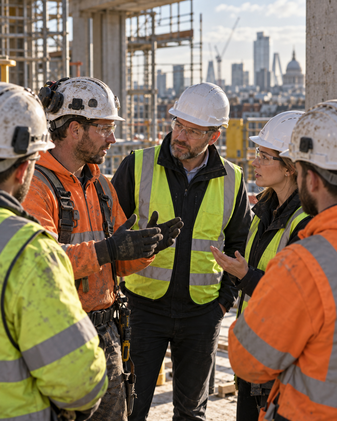 Site leader talking with a group of construction workers on site