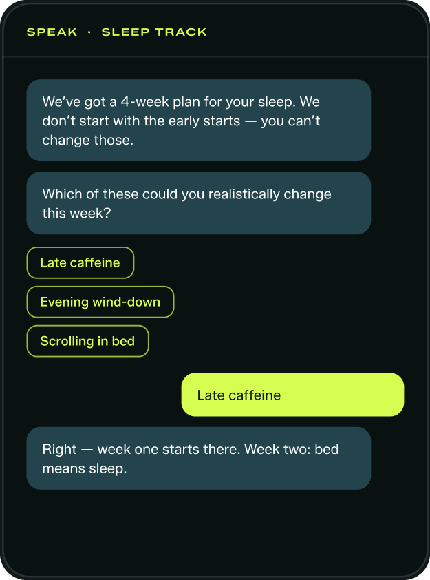 Illustrative mockup of a SPEAK WhatsApp conversation flow